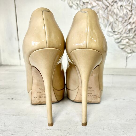 Jimmy Choo Crown Patent Leather Peep Toe Platform Pump Nude Womens Size 38.5 / 8 - Picture 8 of 11